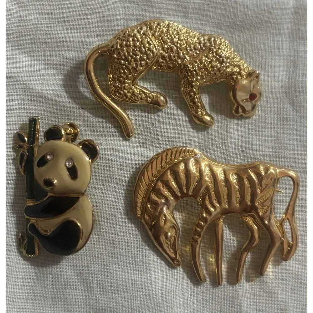 Vintage Animal Brooch Lot Panda Zebra Leopard Gold Safari Enamel Rhinestone Pins